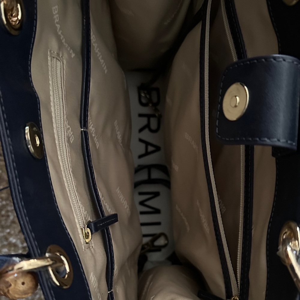 Elegant Blue and Cream Striped Tote with Bamboo Handles - Picture 4 of 4